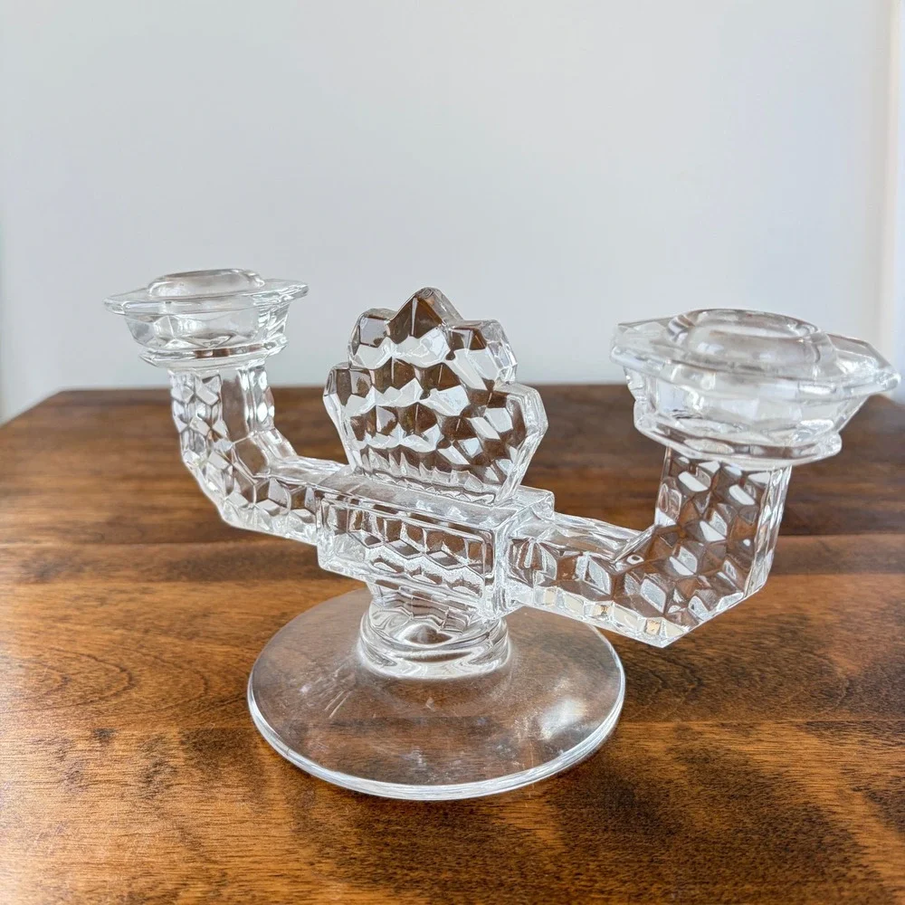Vintage Double Arm Glass Candelabra Honeycomb Geometric Clear Candle Holder